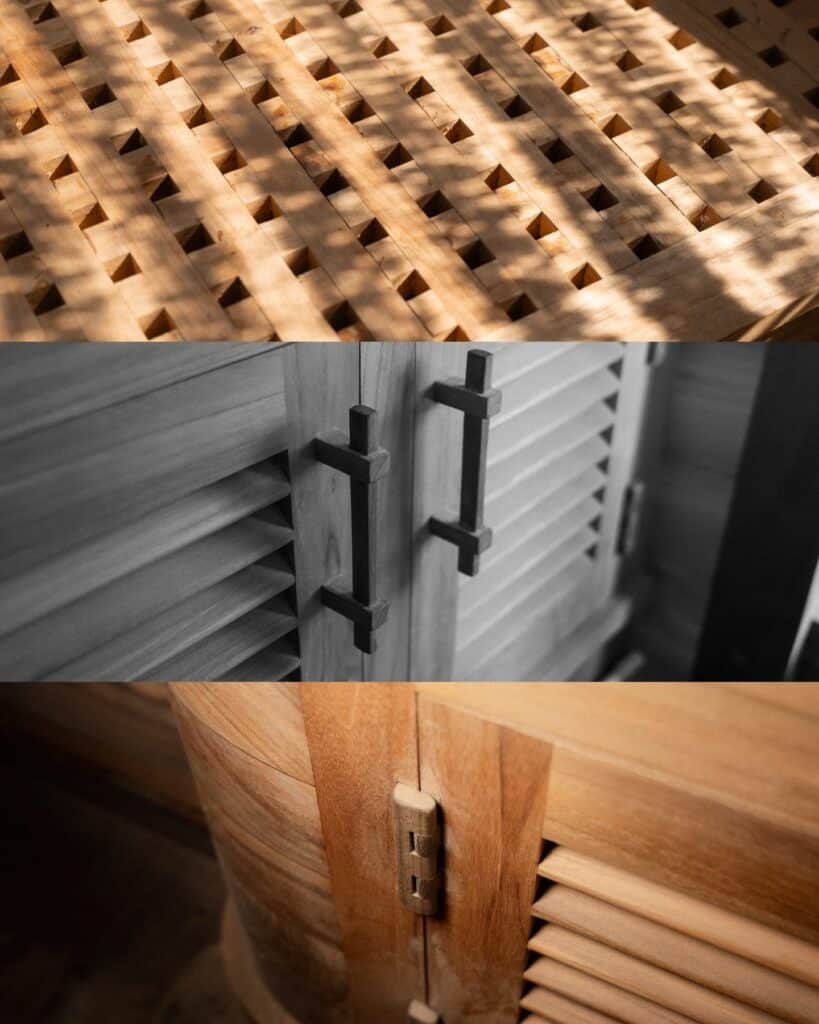 Collage of handcrafted wood joinery details: lattice decking and louvered cabinet doors